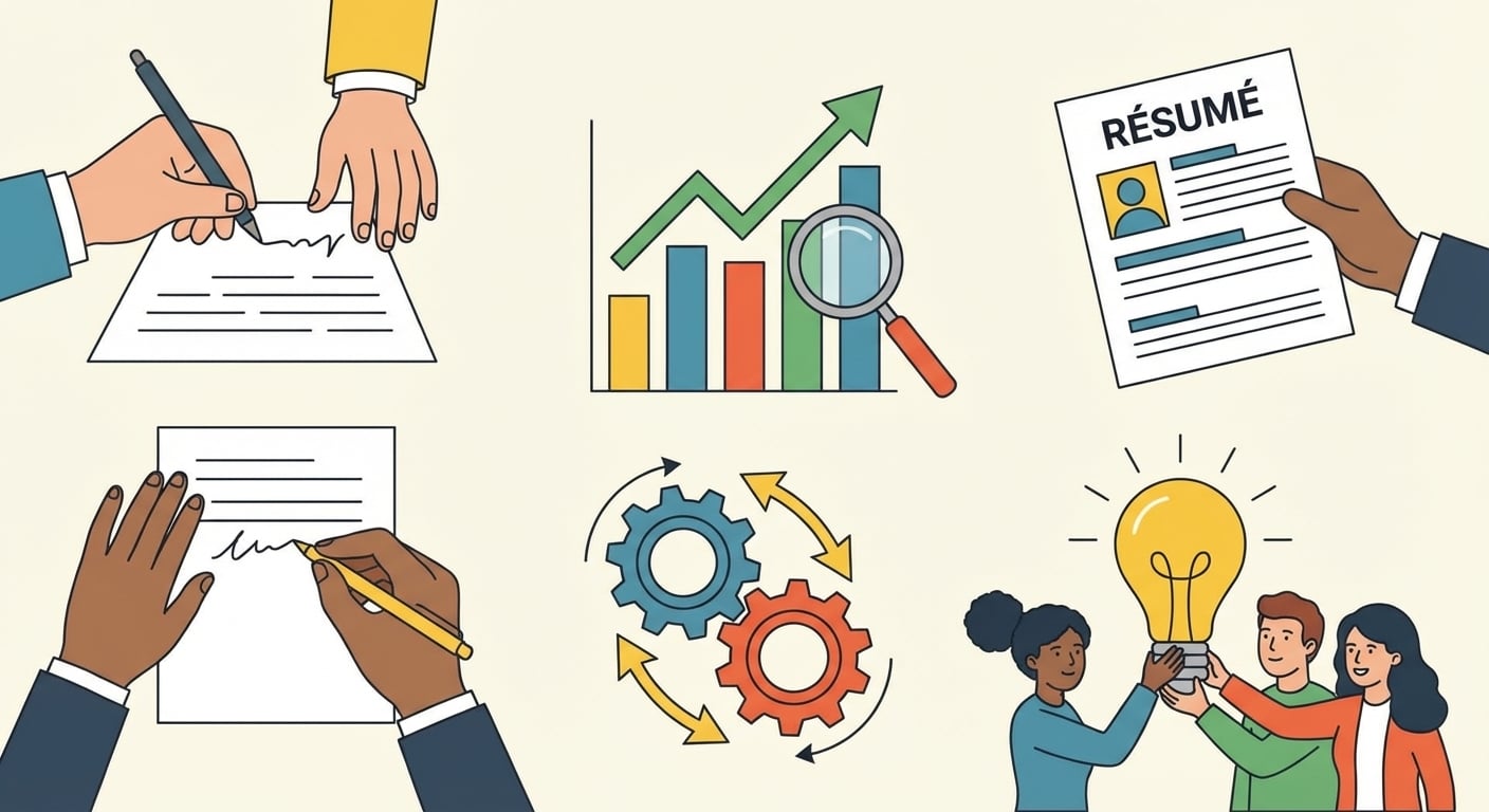Cinq icônes pour créer, résumer, analyser, collaborer avec des collègues et automatiser des tâches.
