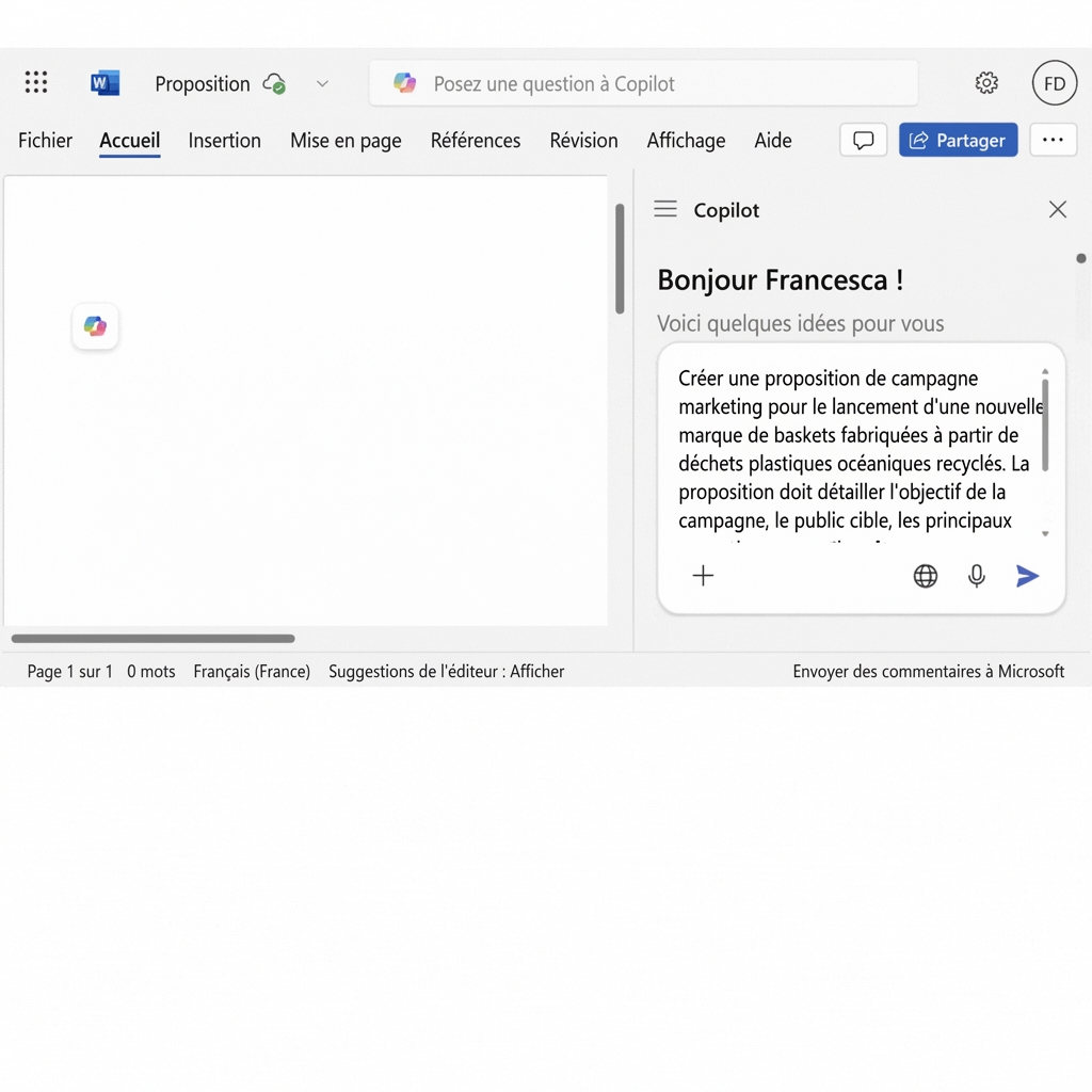 Un chat Copilot ouvert demandant de \"créer une proposition de projet pour une nouvelle campagne marketing\".