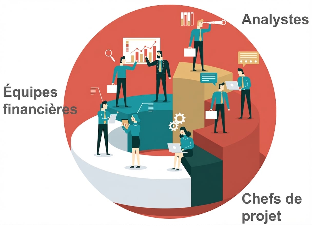 Les professionnels de la finance, les analystes, les chefs de projet et les administrateurs travaillant ensemble dans un environnement collaboratif représentant les travailleurs du savoir.