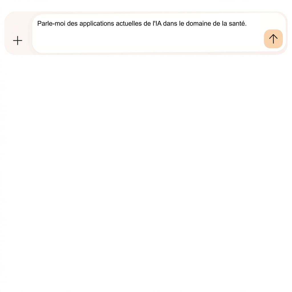 Le texte indique : Veuillez me fournir des informations sur les applications actuelles de l'IA dans le domaine des soins de santé.