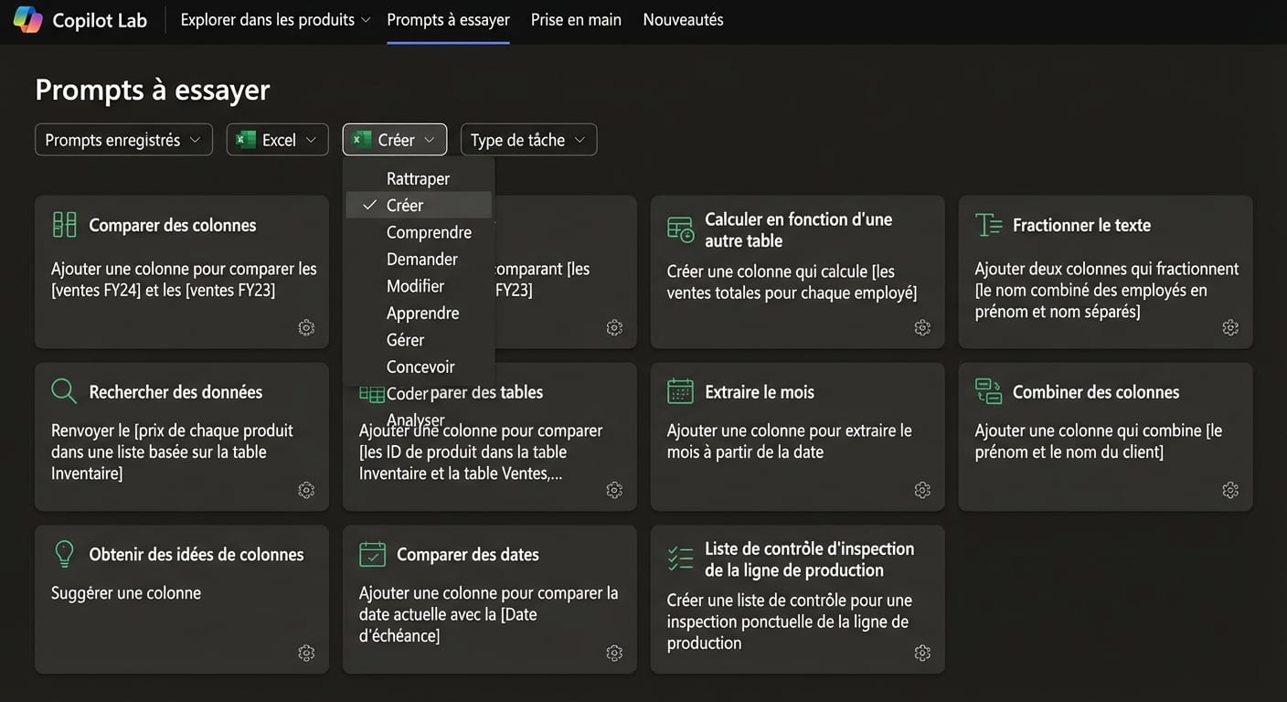 Une série de suggestions de prompts de Copilot Lab, avec divers filtres déroulants.