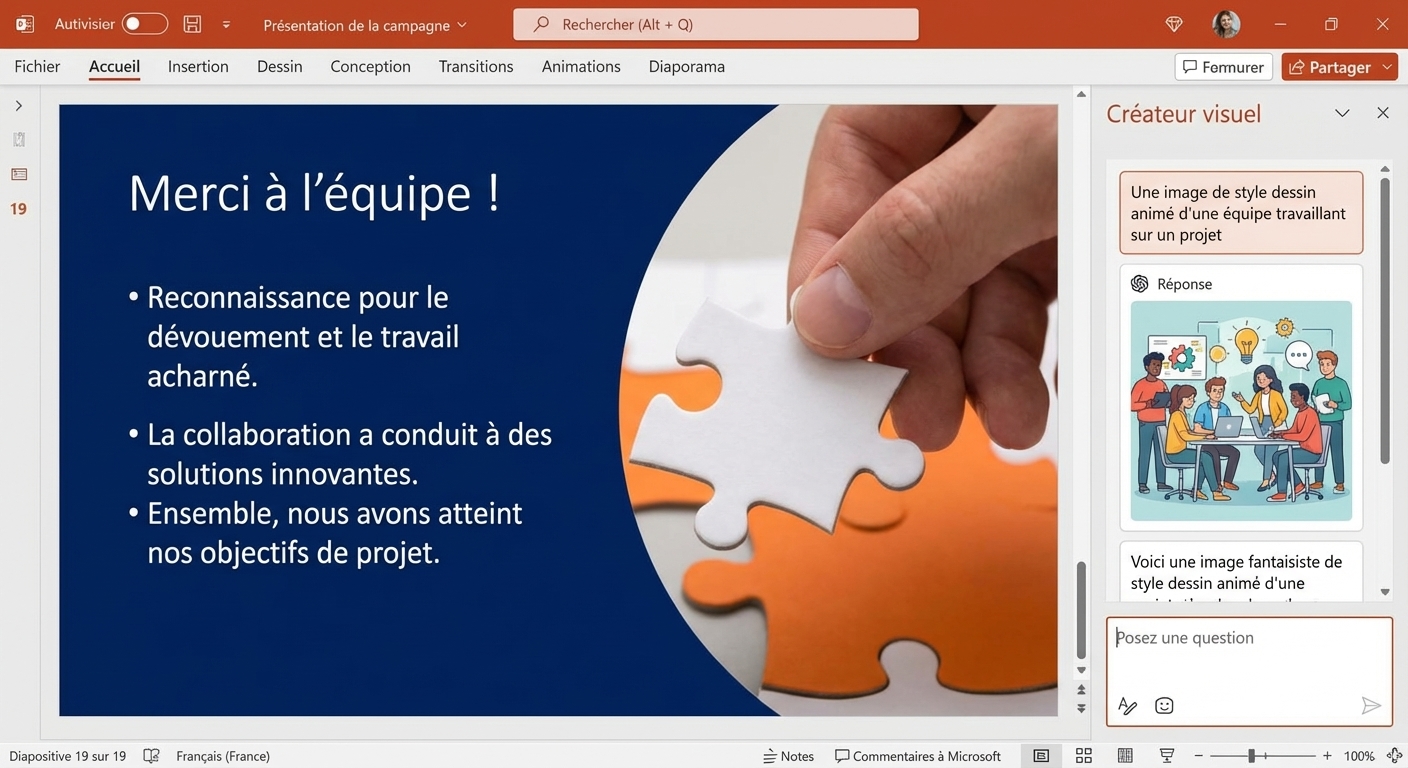 Un screenshot d'une diapositive PowerPoint avec le chat Copilot ouvert, montrant la conversation avec un utilisateur demandant d'organiser les diapositives.