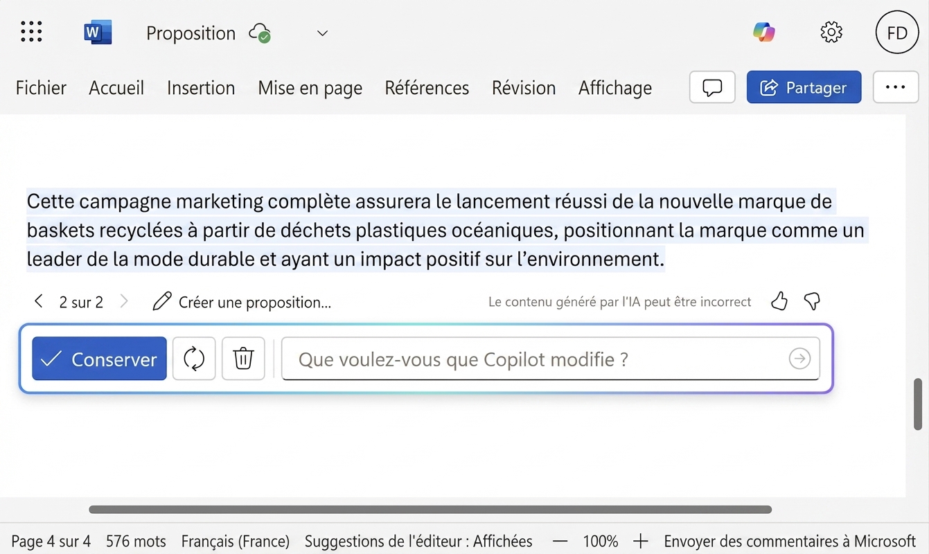 Une conversation Copilot ouverte avec l’option de conserver le brouillon ou de poser d’autres questions.
