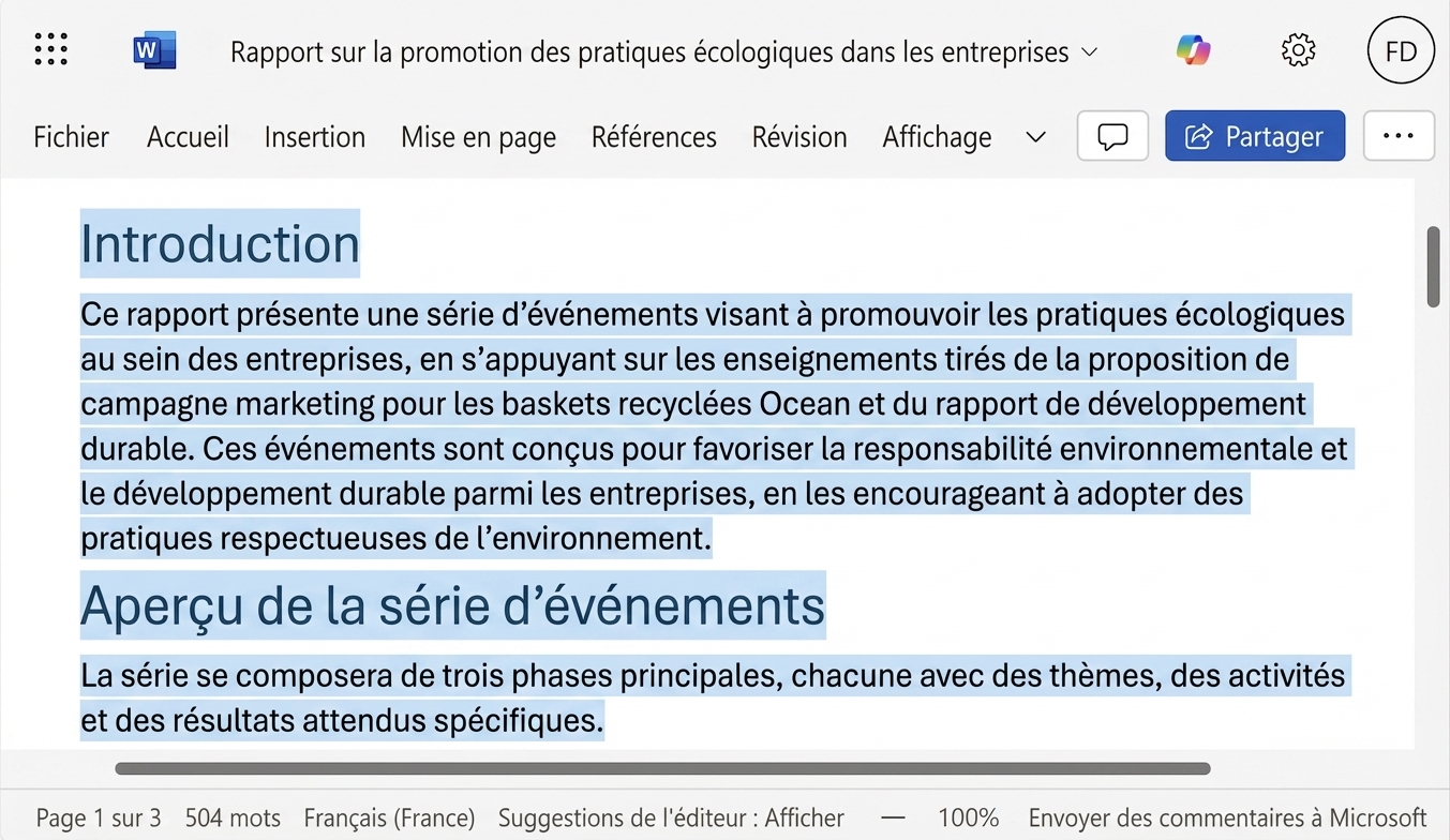 Le rapport rédigé par Copilot à l'aide de deux documents existants.