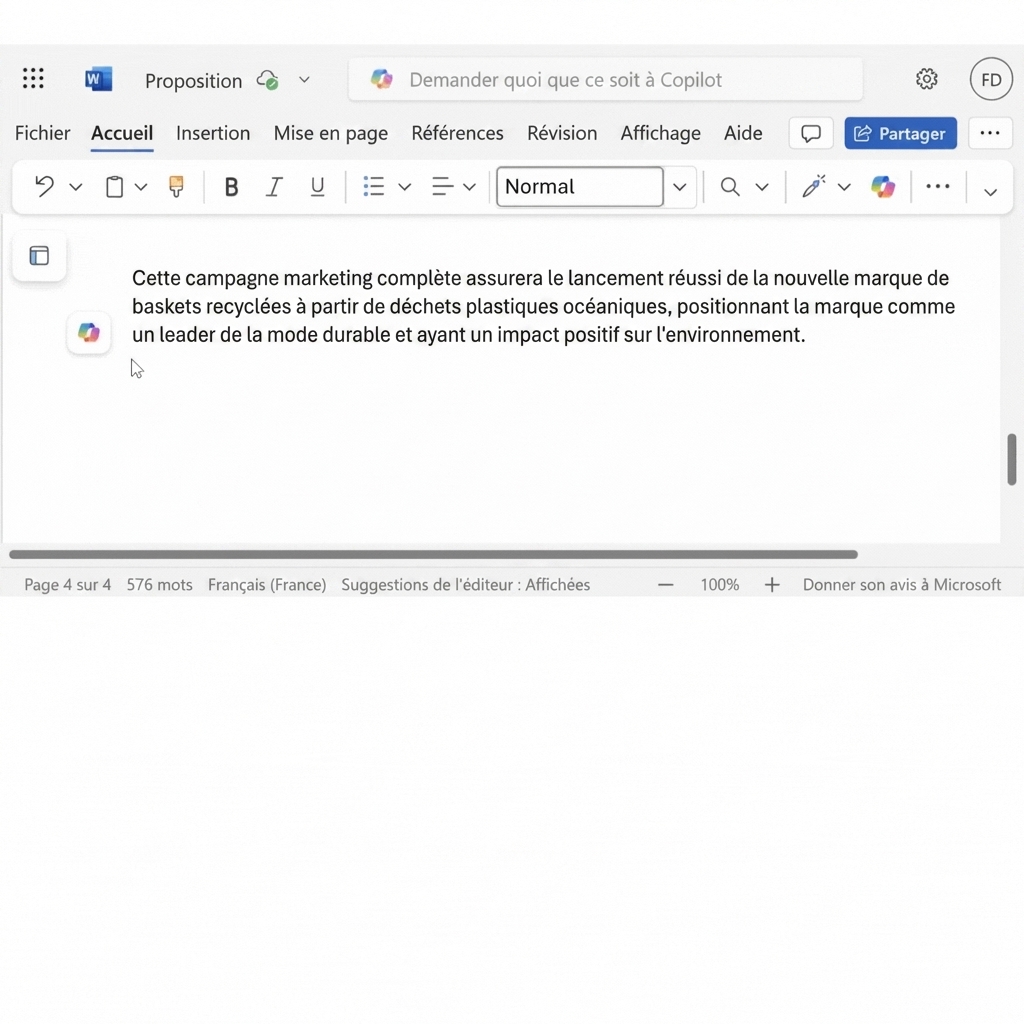 Le paragraphe qui doit être modifié dans le document, avec différentes options suggérées par Copilot