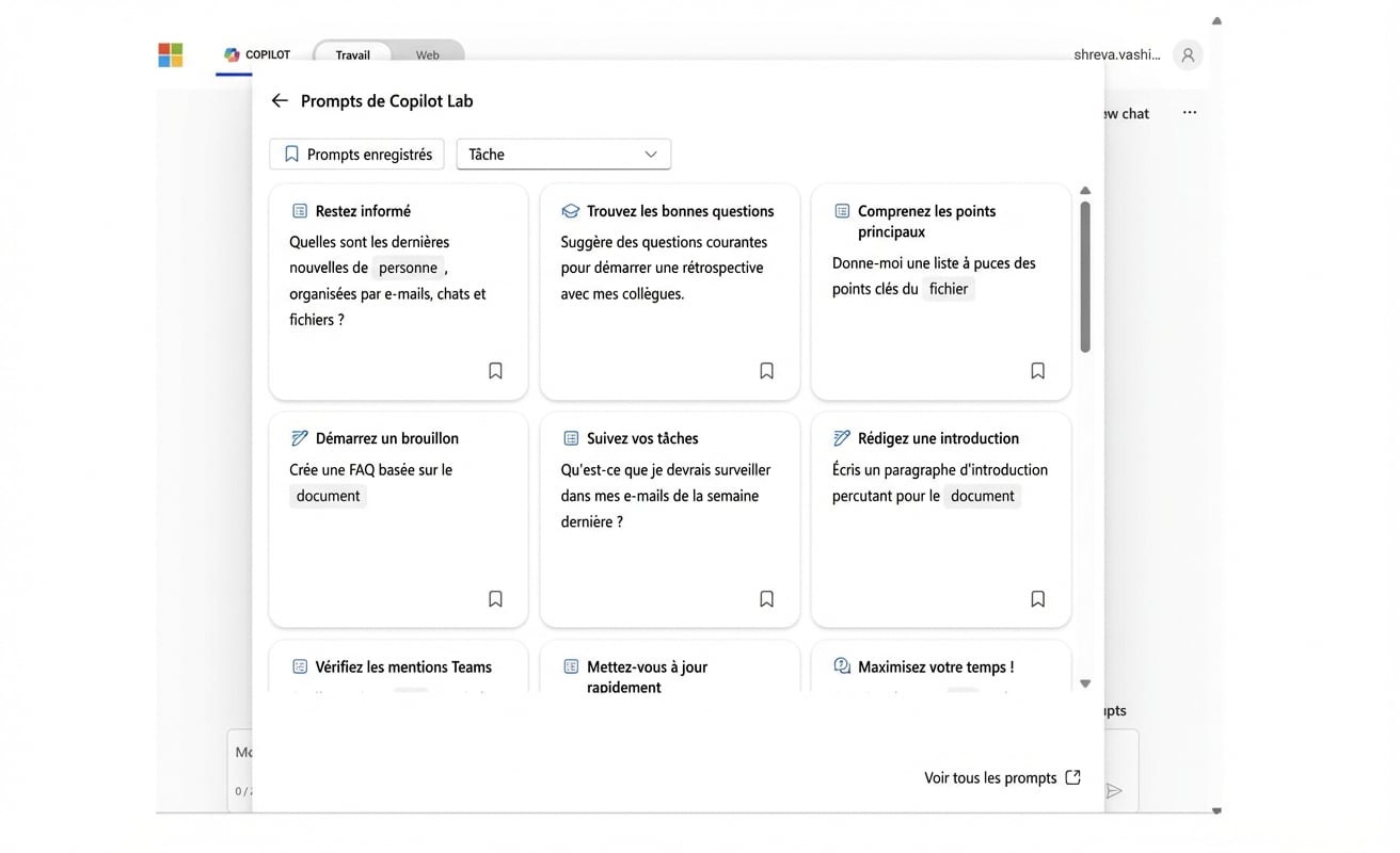 Une série de prompts proposés par Copilot Lab.