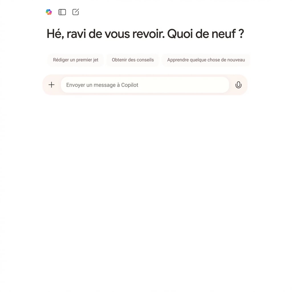 Discussion Copilot avec un message de bienvenue