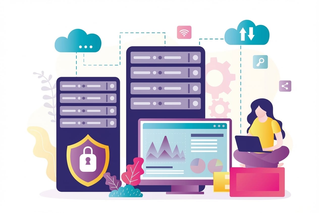 Icône représentant une personne travaillant sur un ordinateur portable à côté d'une installation de serveurs informatiques.