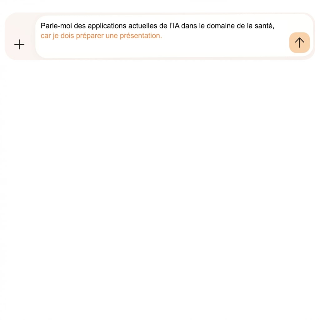 Le texte indique : « Veuillez me présenter les applications actuelles de l'IA dans le domaine de la santé, en mettant l'accent sur le diagnostic des patients et les traitements basés sur l'IA.