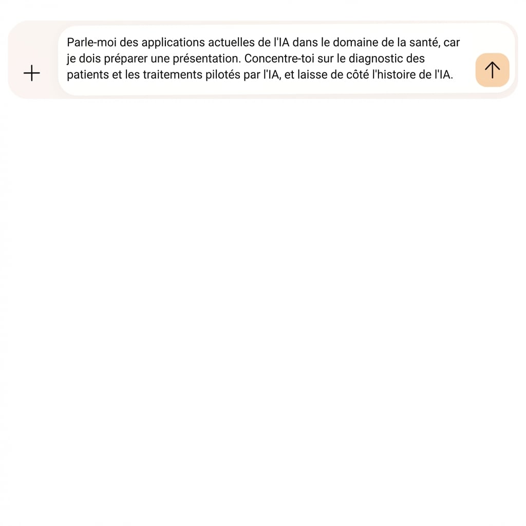 Le texte précise qu'il convient de se concentrer sur le diagnostic des patients et les traitements basés sur l'IA, et de ne pas aborder l'historique de l'IA.