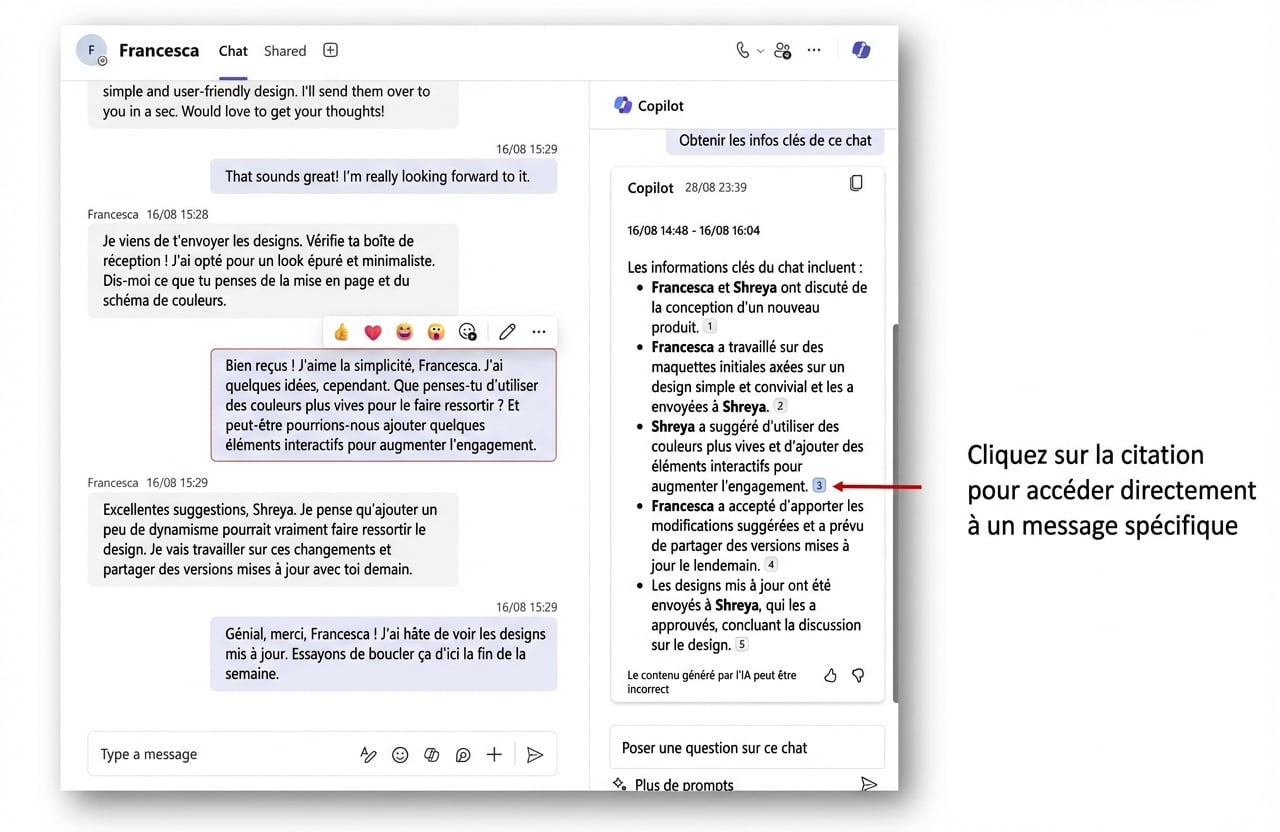 Capture d'écran d'une conversation Microsoft Teams avec une fenêtre de discussion secondaire ouverte contenant la réponse de Copilot et une flèche rouge indiquant une référence qui nous renvoie au message d'origine.