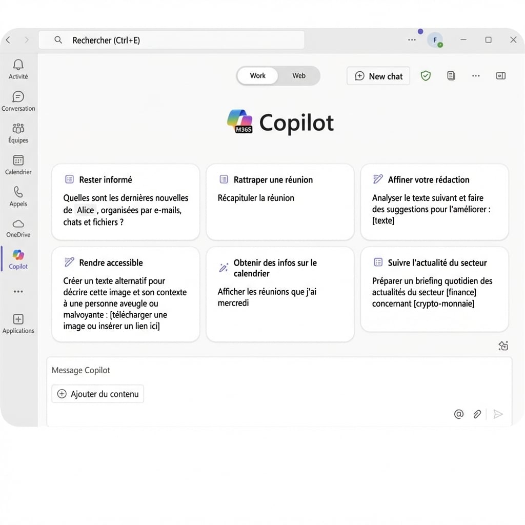 Interface Copilot pour Microsoft 365, proposant une gamme d'options de productivité telles que l'optimisation du temps, la compréhension des e-mails et l'aide à la rédaction pour les tâches professionnelles.