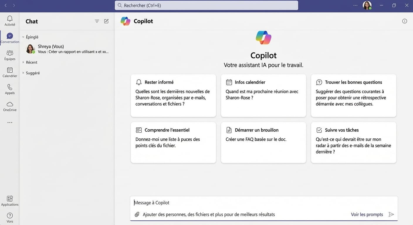 Capture d'écran de Microsoft Teams avec la discussion Copilot ouverte.