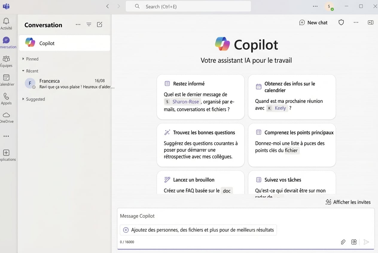 Démonstration d'un utilisateur demandant à Copilot sur quoi Francesca a travaillé.