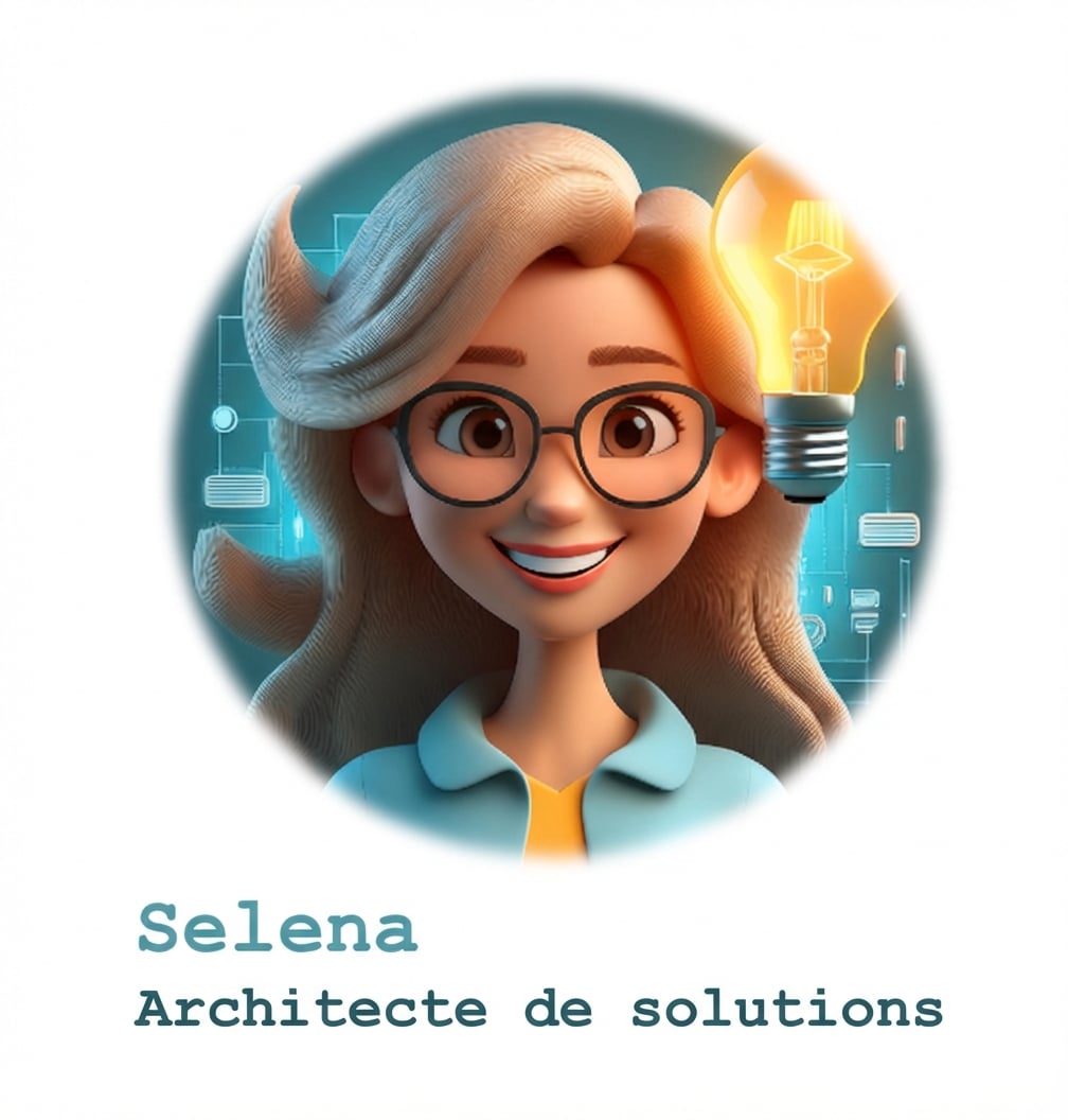 Illustration représentant une femme souriante portant des lunettes, entourée d'icônes numériques et d'une ampoule lumineuse, avec le texte suivant à côté d'elle : « Selena, architecte de solutions ».