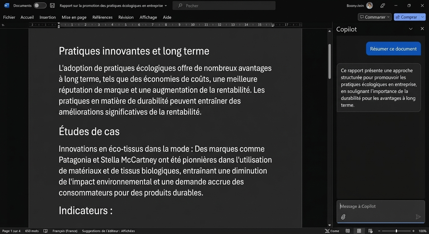 Un screenshot d'un document Word ouvert avec un chat Copilot ouvert affichant le résumé du document.