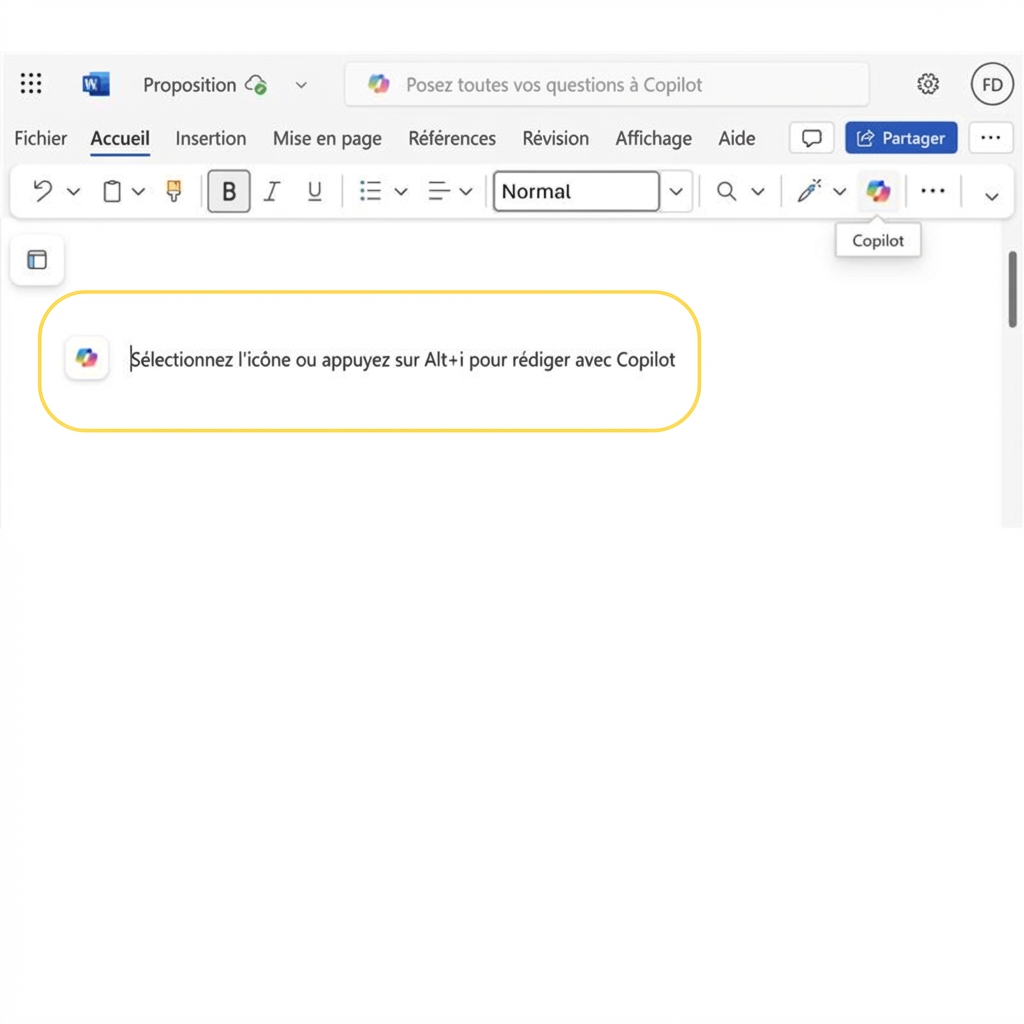 Screenshot d’un document vierge dans Word avec « appuyez sur ALT+I pour rédiger avec Copilot » mis en surbrillance
