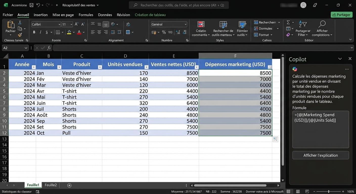 Un document Excel ouvert présentant des données relatives à des produits vestimentaires et une fenêtre de discussion Copilot ouverte à côté avec le résultat de la formule