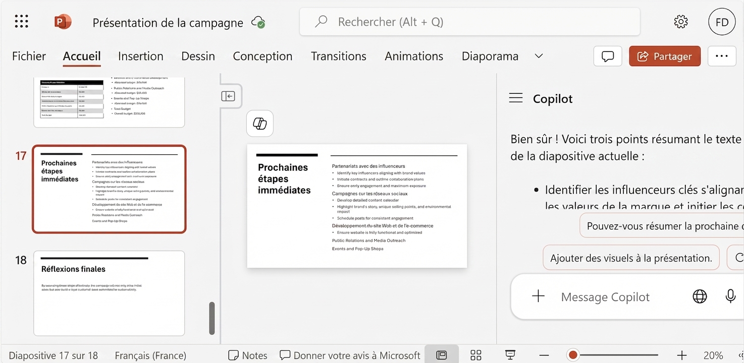 Un screenshot d'une diapositive PowerPoint avec le chat Copilot ouvert affichant la conversation avec un utilisateur.
