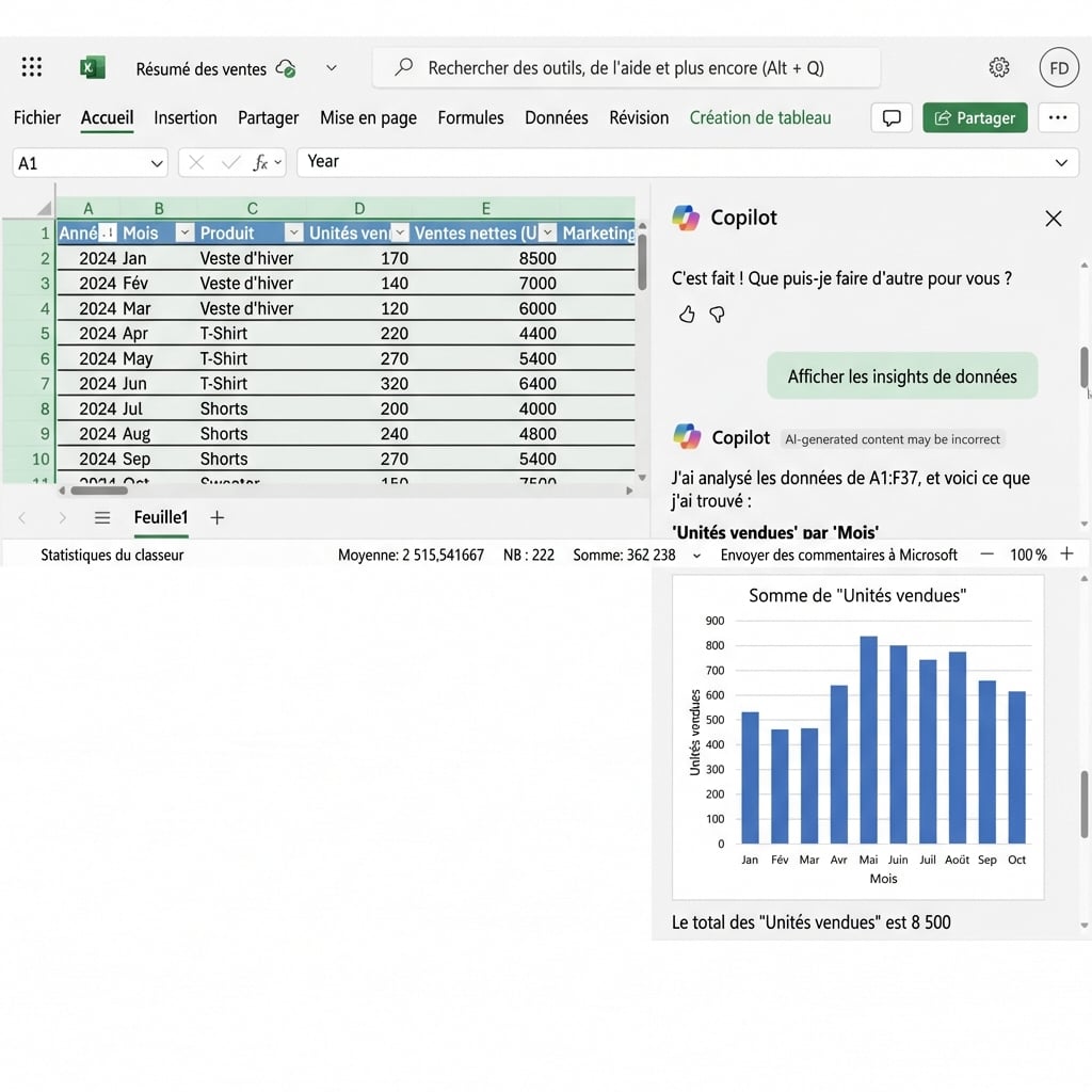 Un document Excel ouvert présentant des graphiques créés avec Copilot.