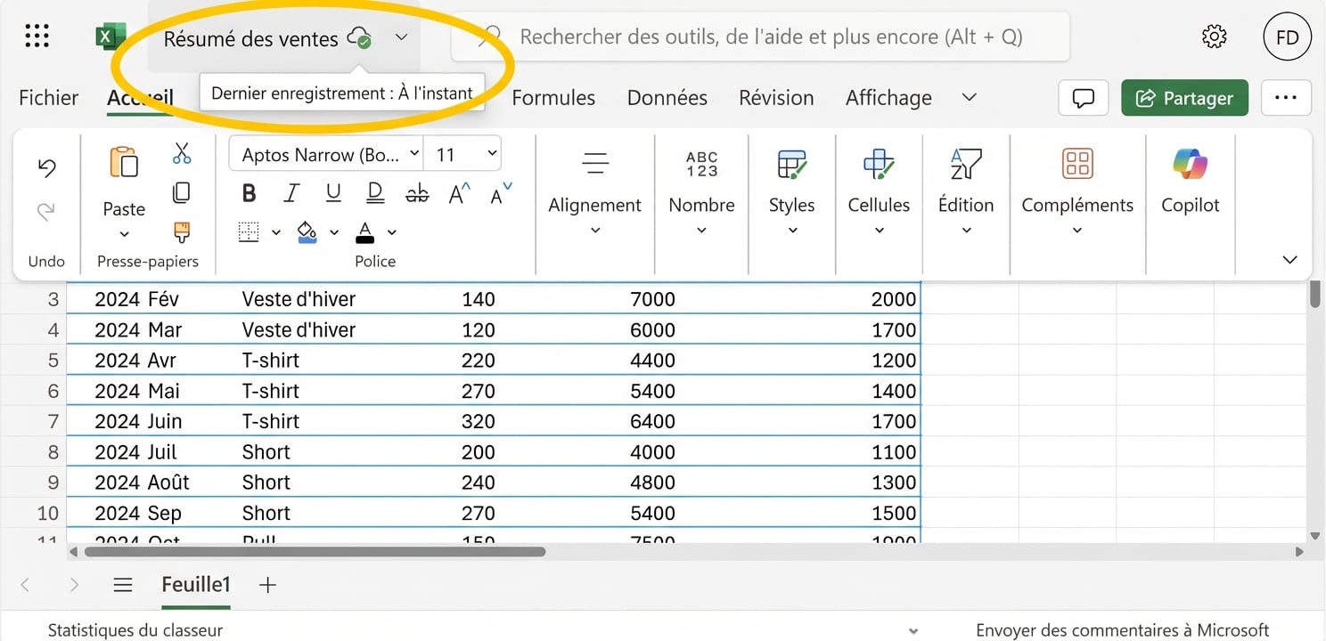 Capture d'écran d'une feuille de calcul Excel avec la fonction d'enregistrement automatique mise en évidence.