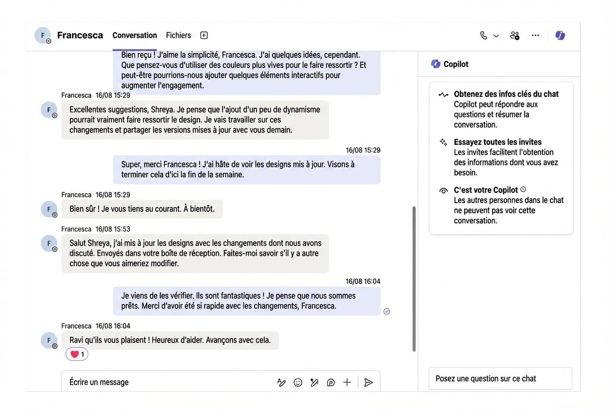 Capture d'écran de Microsoft Teams avec la discussion Copilot ouverte et l'icône Copilot en haut à gauche entourée en rouge.
