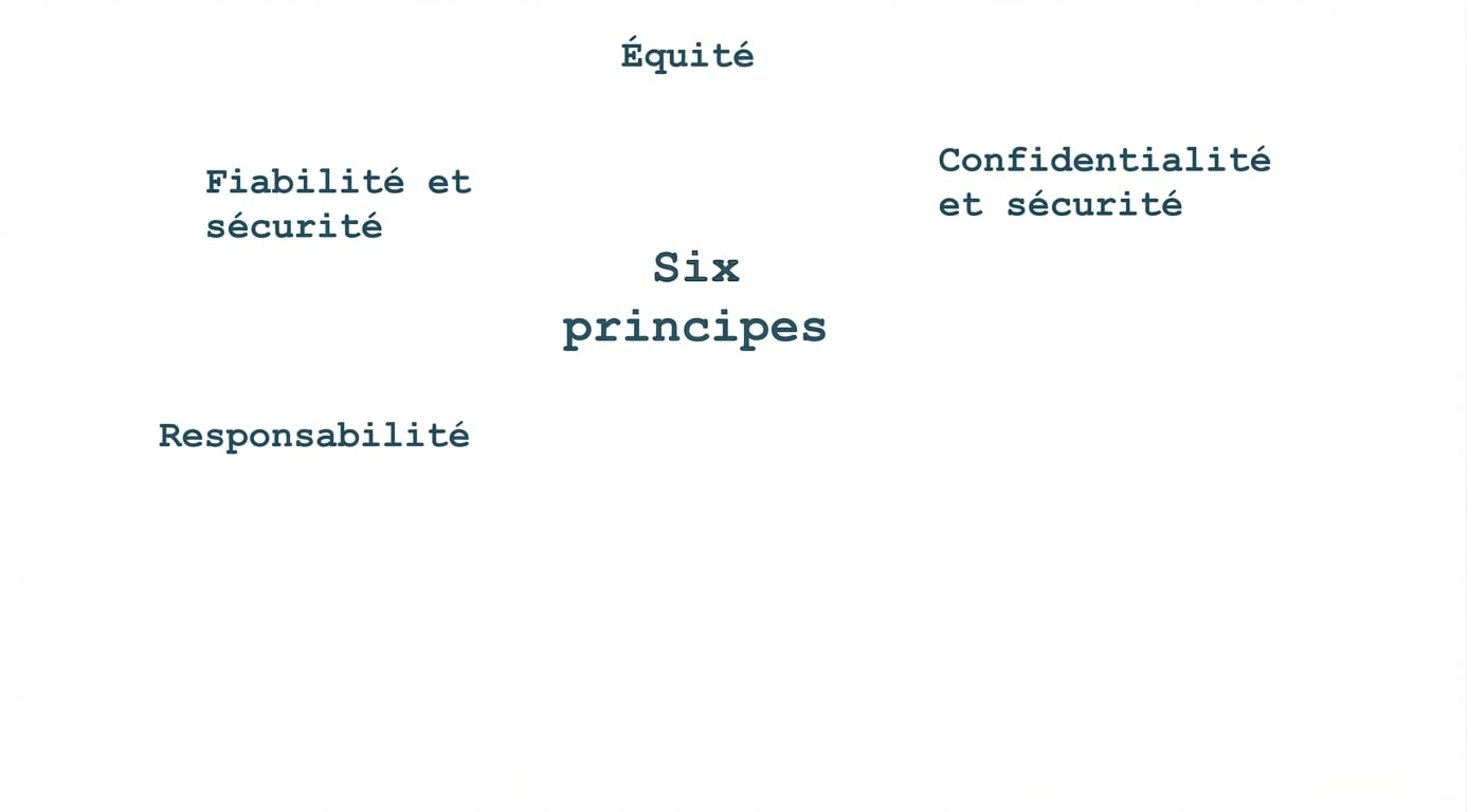 Un texte intitulé « Six principes », entouré des termes indiquant ces principes : équité, confidentialité et sécurité, fiabilité et sûreté, responsabilité.