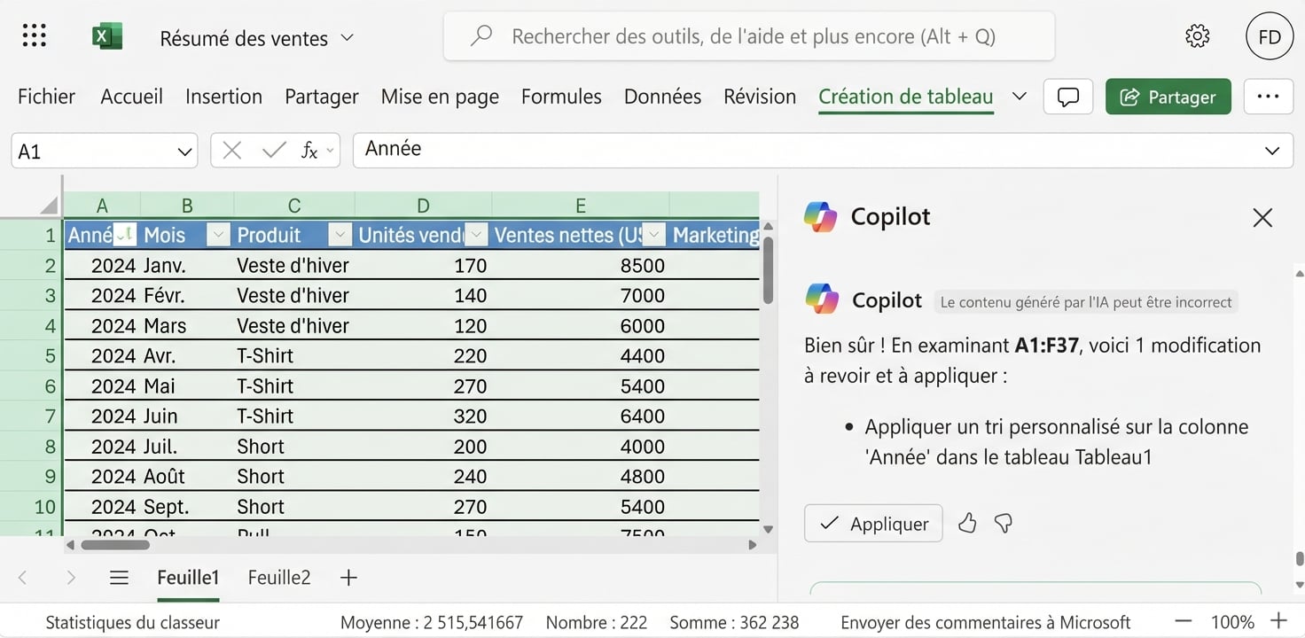 Un document Excel ouvert affichant des données relatives à des produits vestimentaires et une fenêtre de discussion Copilot ouverte à côté, dans laquelle un utilisateur demande de trier les données selon la colonne « Année ».