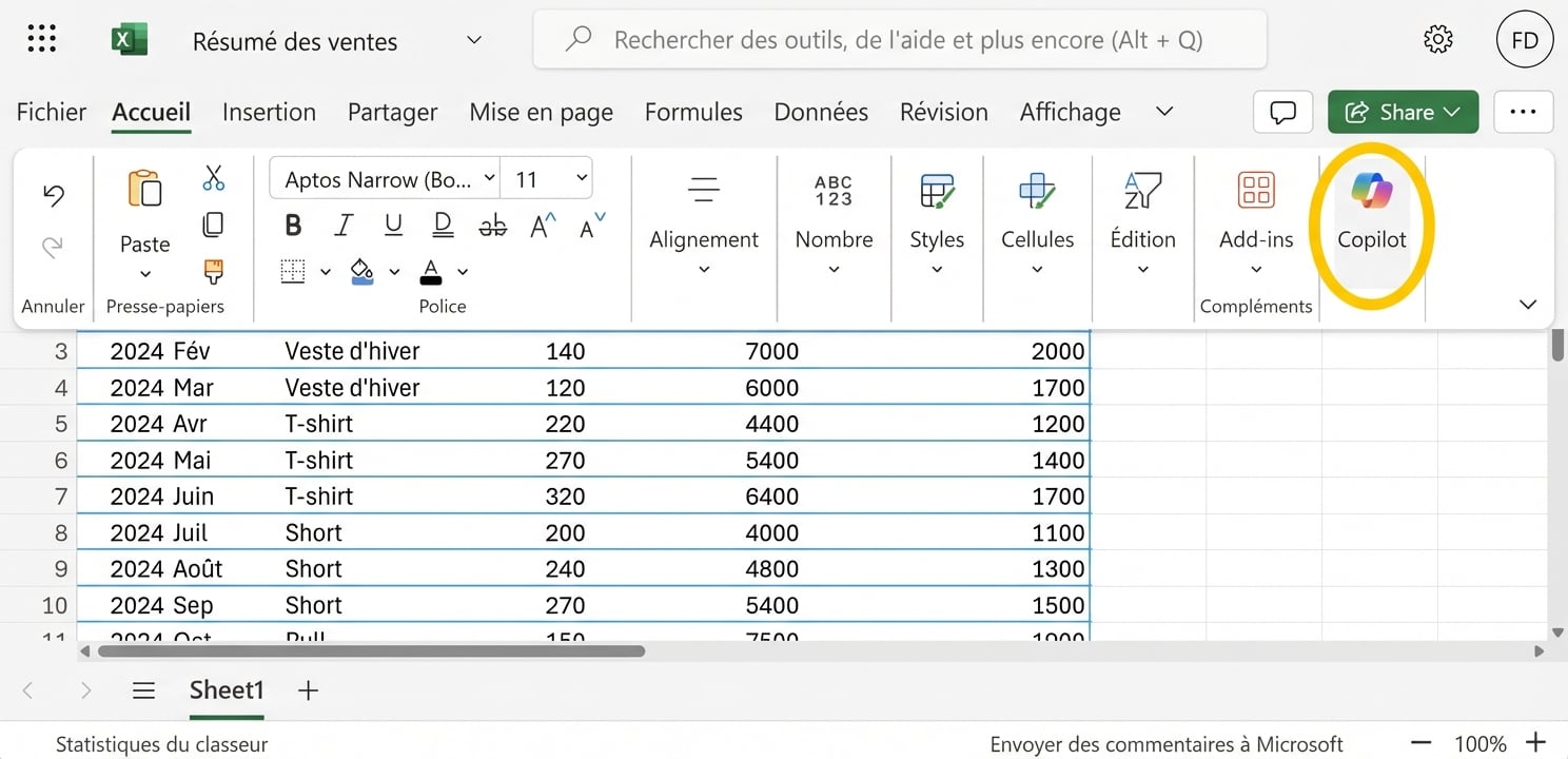 Capture d'écran d'une feuille de calcul Excel avec l'icône Copilot mise en évidence.