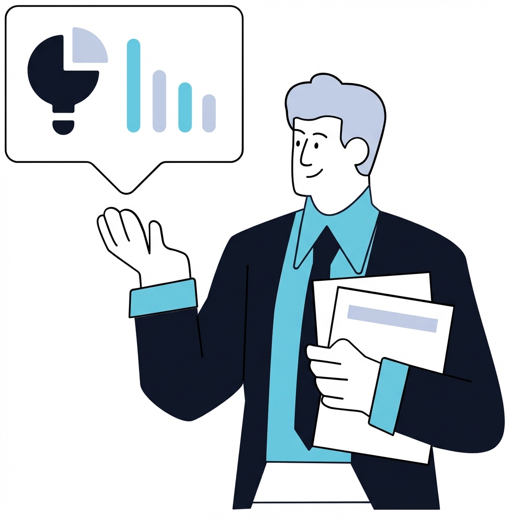 Illustration représentant une personne avec des documents administratifs et un graphique symbolisant un analyste financier.