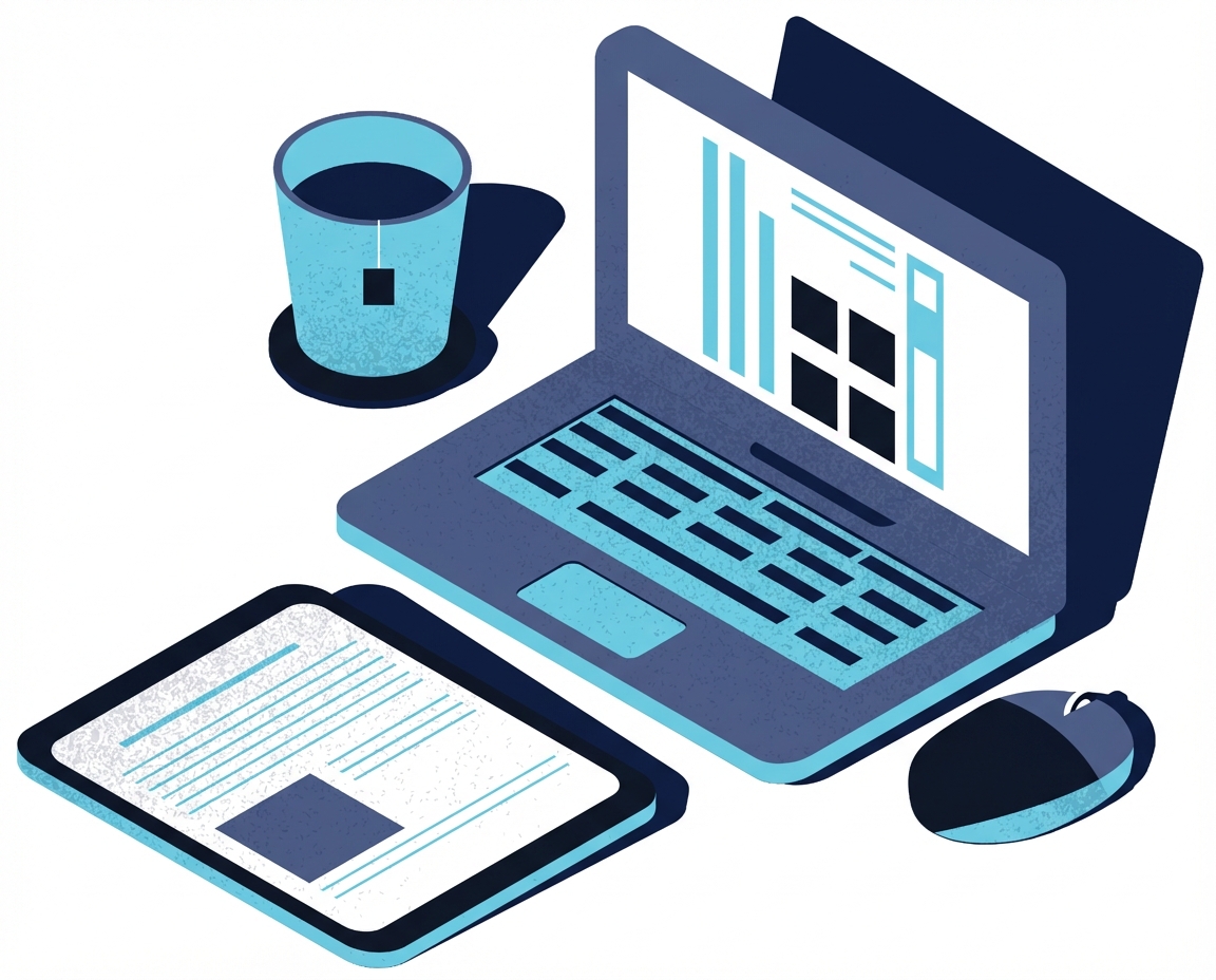 Image représentant un ordinateur portable, une souris, une tablette et un café pour symboliser le temps consacré aux études.