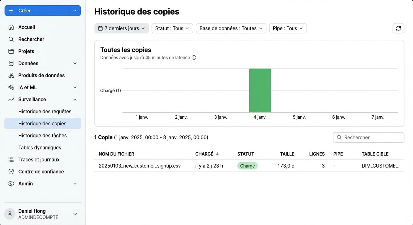 GIF of viewing Copy History in Monitoring tab