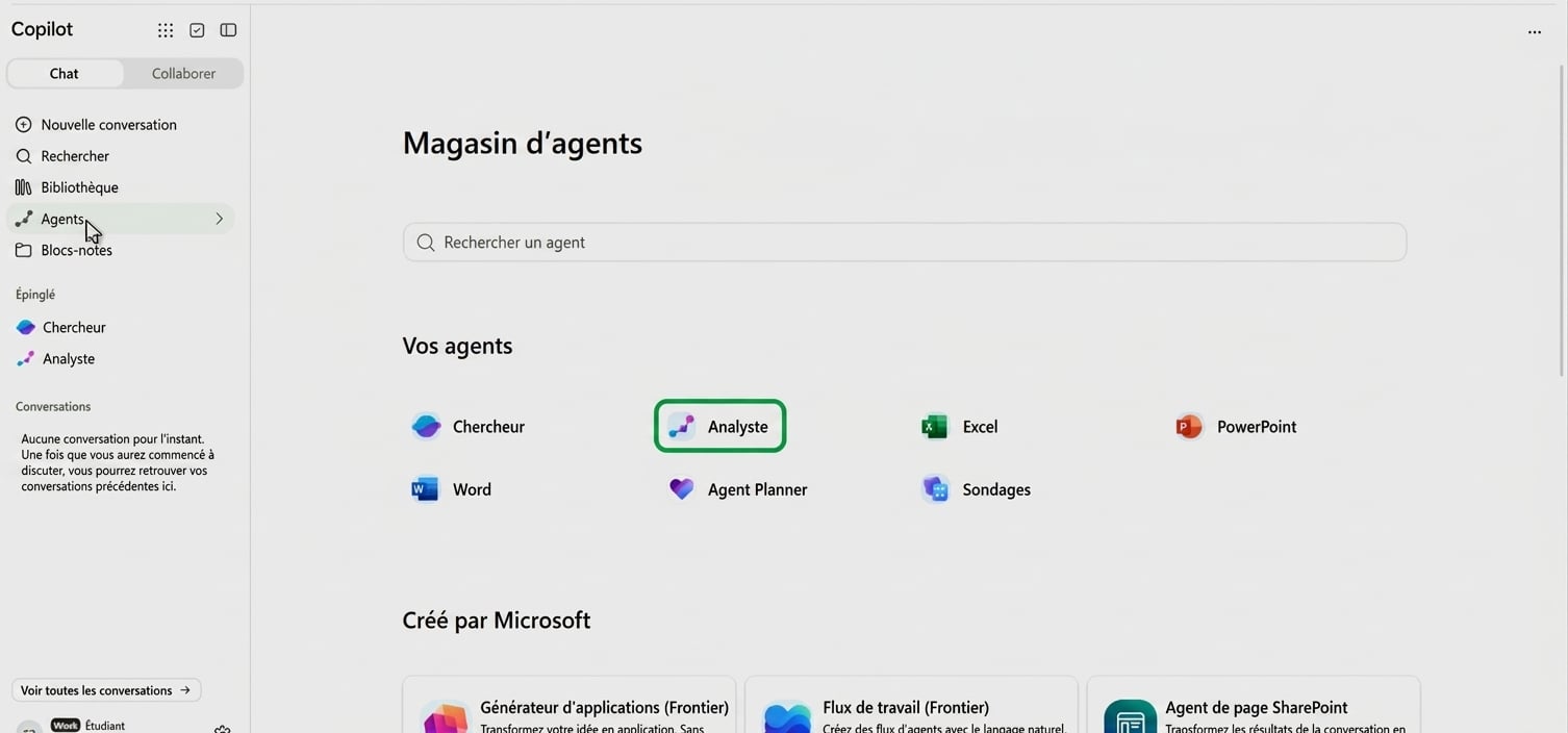 La boutique d'agents dans Copilot, avec l'agent Analyst mis en avant parmi les agents intégrés