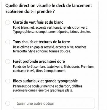 Copilot demande quelle direction visuelle donner au diaporama EcoGreen, avec quatre styles décrits au choix