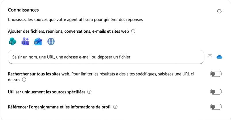 Le panneau Knowledge avec une source unique ajoutée dans Agent Builder