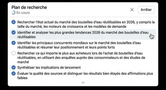 L'agent Researcher déroulant son plan de recherche transparent en plusieurs étapes