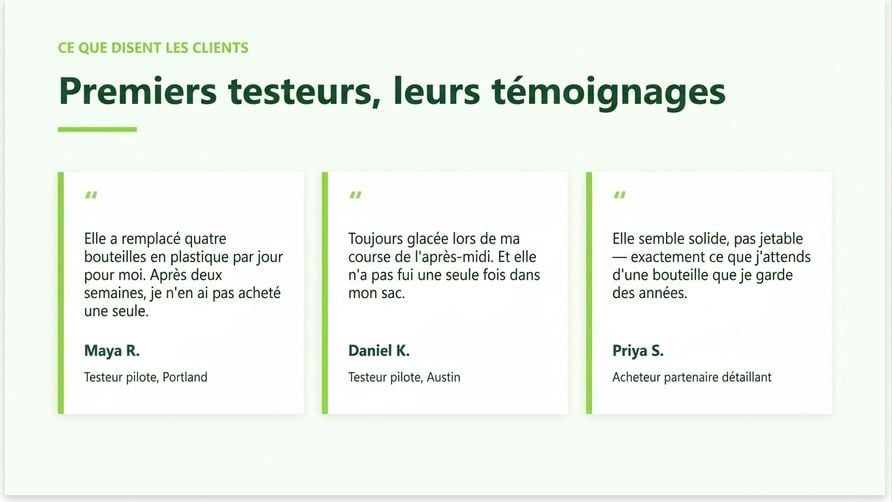 La diapositive d'avis clients ajoutée par Copilot, avec trois encadrés de citation conformes à l'identité