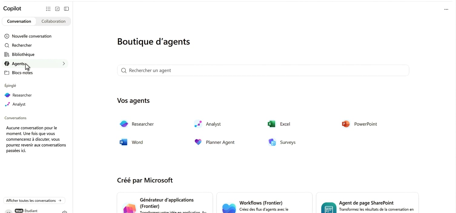 La boutique d'agents dans Copilot, avec Researcher et Analyst parmi les agents intégrés