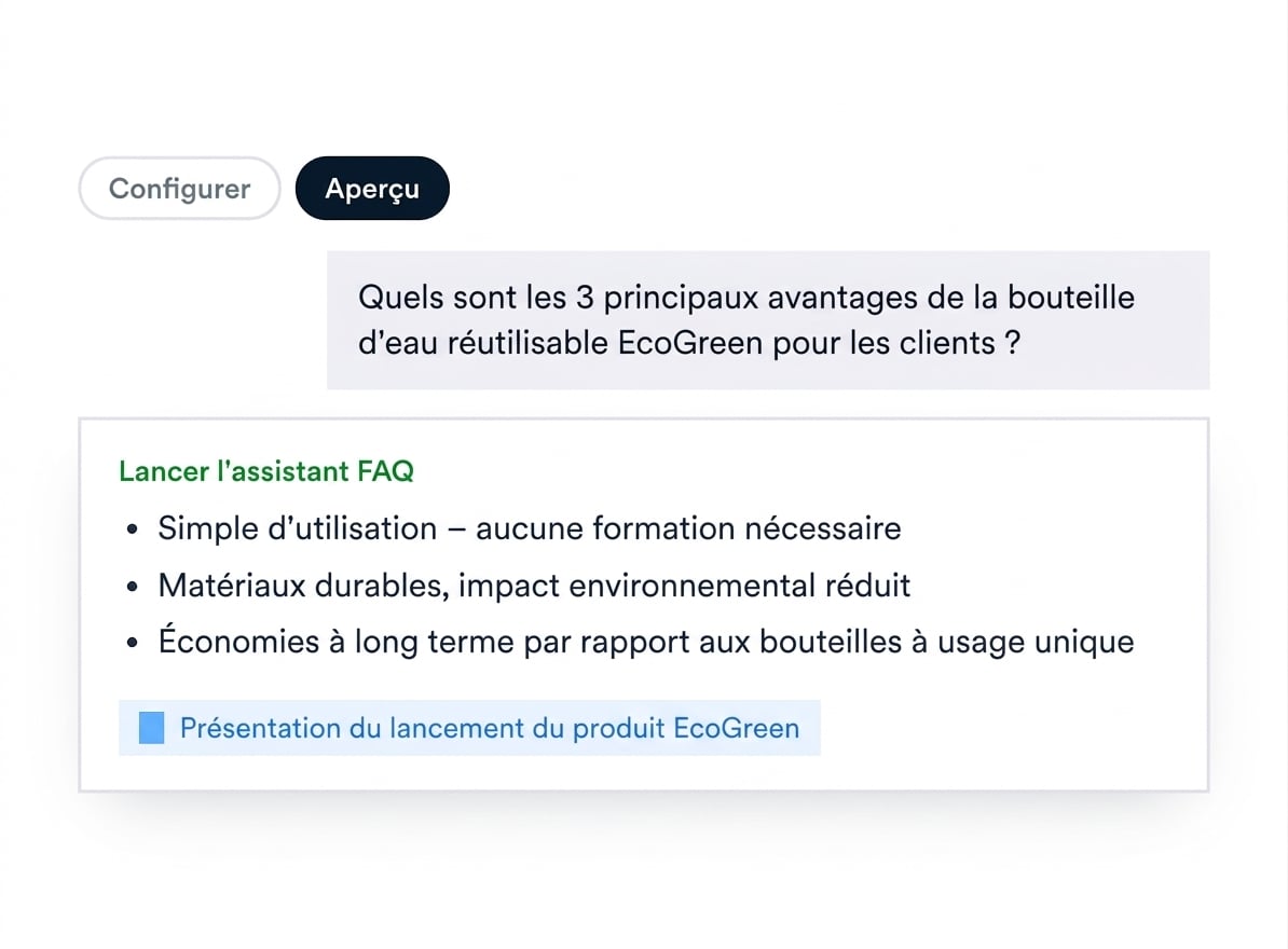Schéma du panneau Preview : la question de test, l'agent qui répond en trois puces, et la source citée