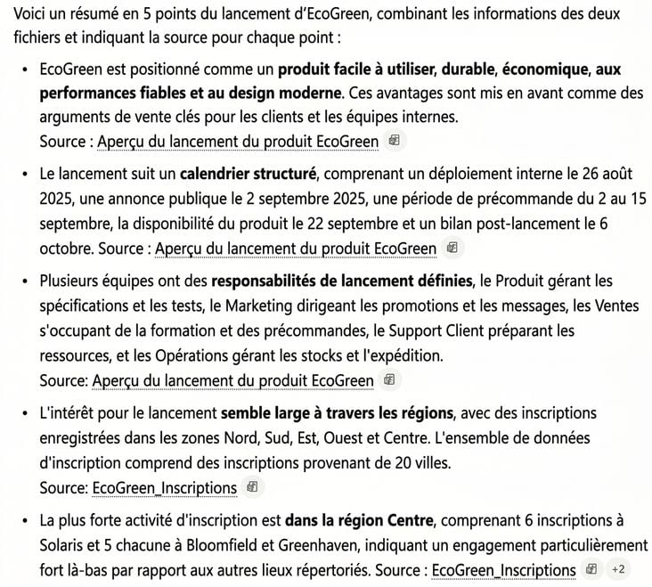 Résumé en cinq points de Copilot sur plusieurs fichiers, chaque puce indiquant s'il s'agit du rapport Word ou du fichier Excel