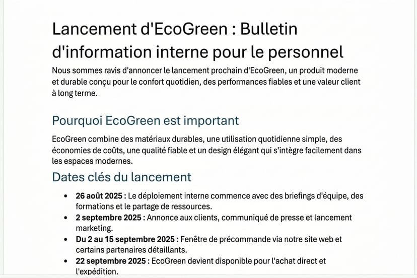 La newsletter EcoGreen rédigée par Copilot dans Word, avec des titres clairs et des sections courtes