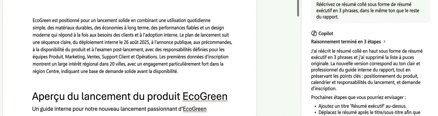 Word transformant le résumé multi-fichiers collé en un résumé exécutif de trois phrases en tête du rapport EcoGreen