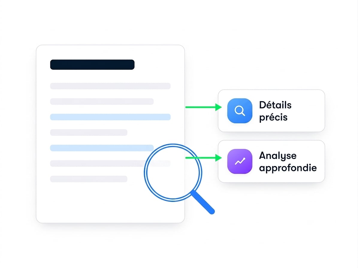 Un document examiné à la loupe, extrayant « éléments précis » et « analyse approfondie »