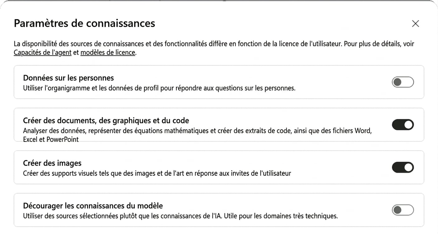 La boîte de dialogue Knowledge settings avec Créer des documents, graphiques et code et Créer des images tous deux activés