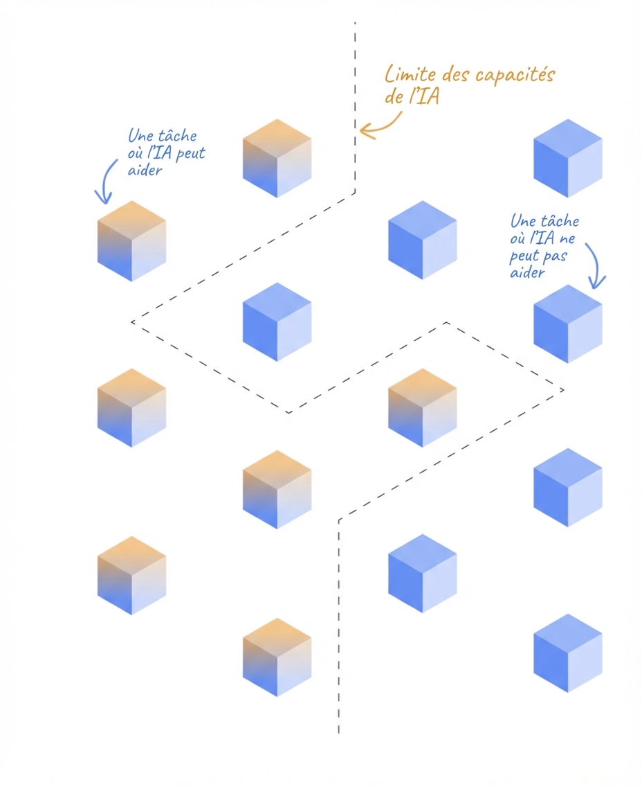 Tasks that AI can and cannot complete separated by a boundary.