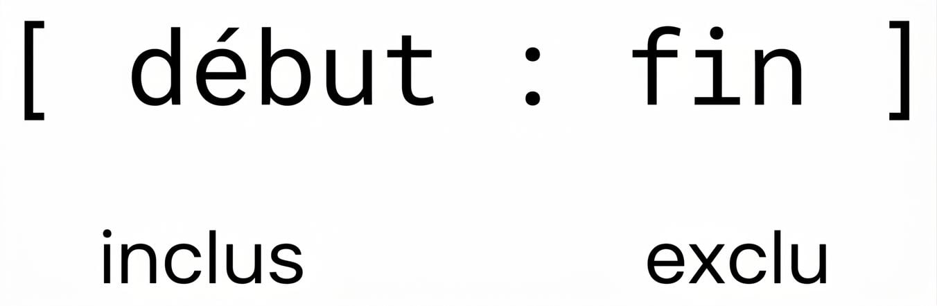 Syntaxe de découpage pour les listes Python, indiquant que la valeur de départ est incluse dans le sous-ensemble, tandis que la valeur d'arrêt est exclue.