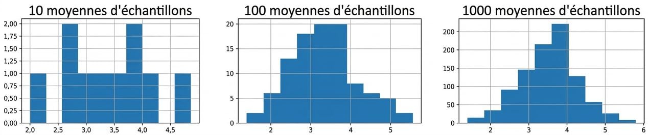 histogrammes de 10, 100 et 1000 moyennes d’échantillon, où un nombre plus élevé de moyennes d’échantillons a une distribution plus en forme de cloche