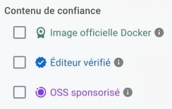 Docker Hub dispose de trois filtres de contenu fiable : les images officielles Docker, les images d'éditeurs vérifiés et les images OSS sponsorisées