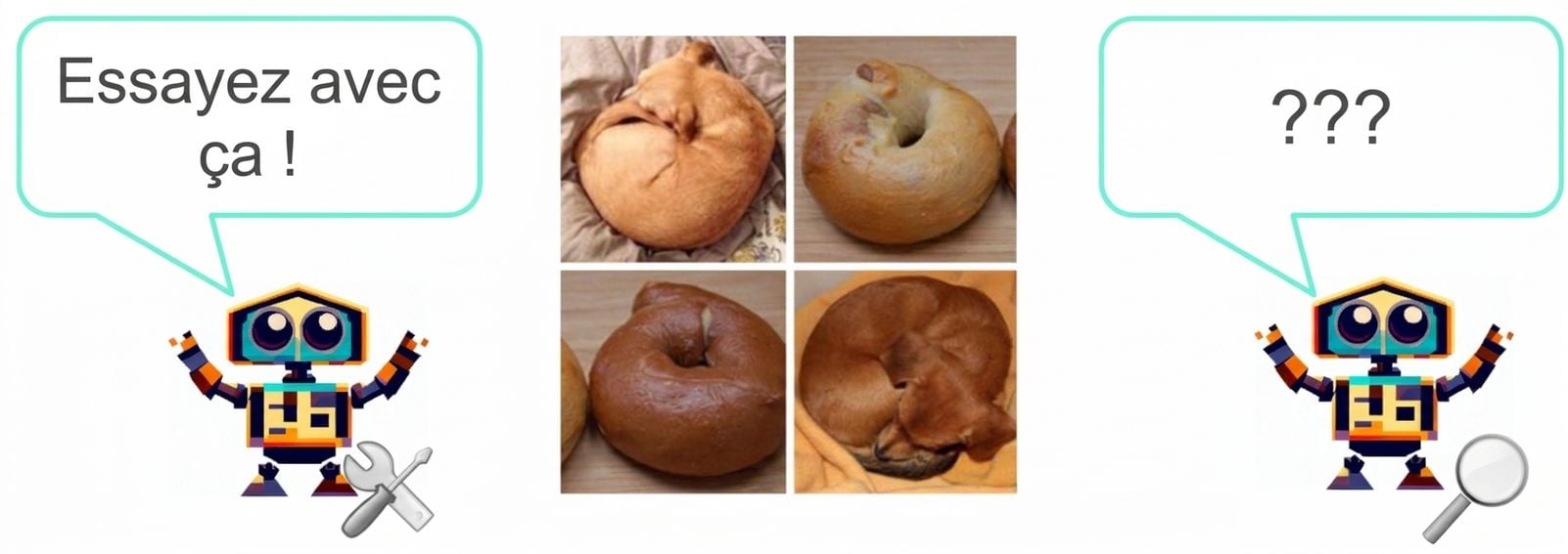 Un modèle génératif de dessins animés défiant un modèle discriminant avec des images de chiots recroquevillés pour ressembler à des bagels