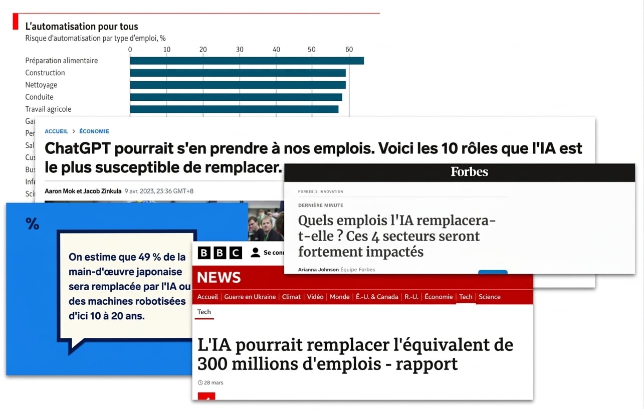 Des titres de presse et des images proclamant que l'IA remplacera toute une série d'emplois.